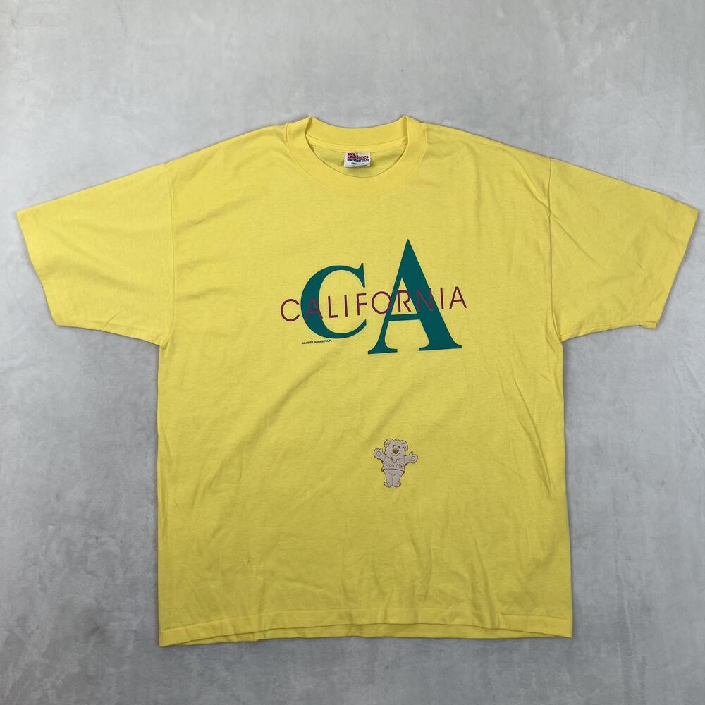 Vintage California T-Shirt Mens XL Yellow "Hug Me Bear" Single Stitch USA 90s